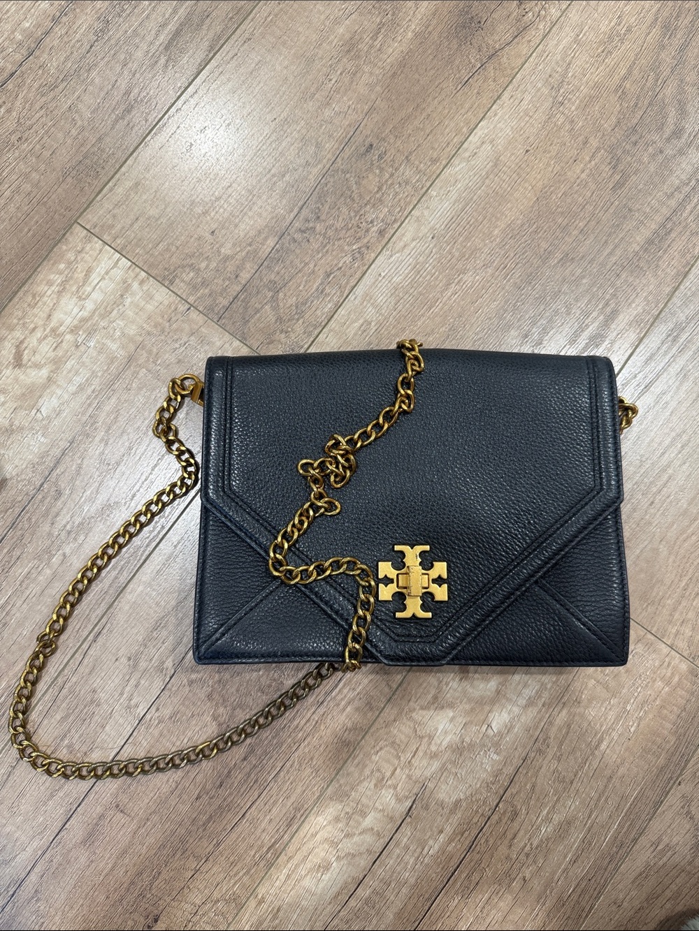 Tory Burch Black Pebbled Leather Envelope Crossbody with Gold Logo